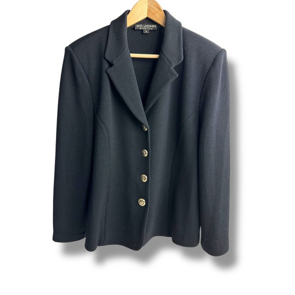 St. John Jackets & Blazers - St John Basics Black Textured Knit Blazer Jacket Silver-Tone Buttons‎ Size 14